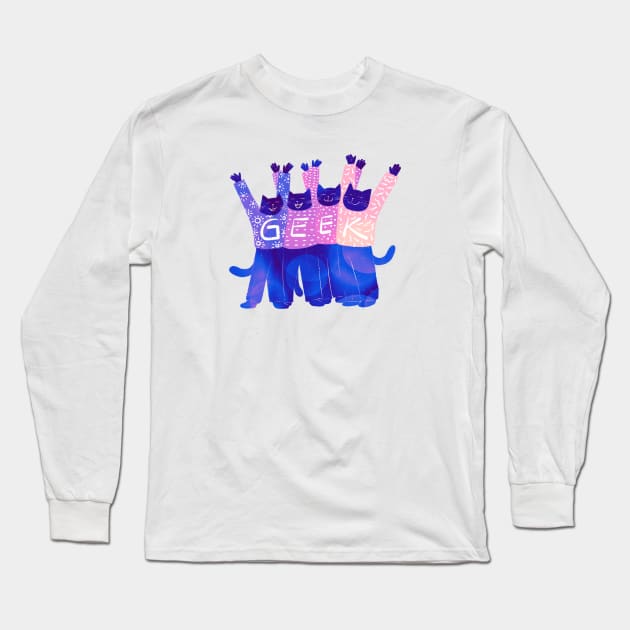 The four cute cats celebrate being GEEKS Long Sleeve T-Shirt by iulistration